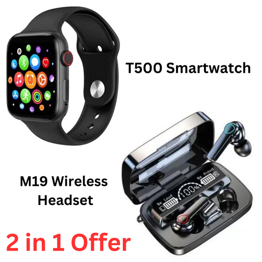 Combo offer of M19 Wireless headset + T500 smartwatch (Free Delivery)